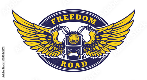 Motorcycle Emblem with Wings and "Freedom Road" Text