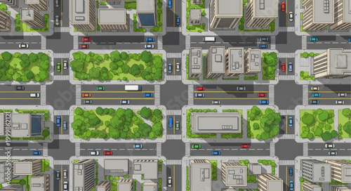 Aerial View of a Modern City Intersection with Green Spaces.