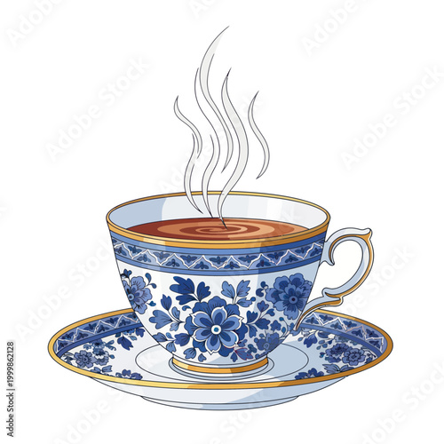 Steaming Hot Tea in Elegant Blue Floral Teacup and Saucer