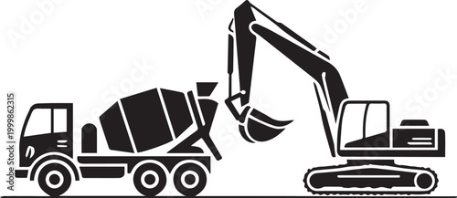 Cad drawing flat vector illustration of a heavy construction excavator and concrete mixer truck working on a building site, professional industrial machinery icons, isolated.