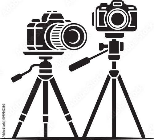 Cad drawing flat vector illustration of professional digital SLR cameras mounted on sturdy tripods for high quality photography and video production sessions, isolated.