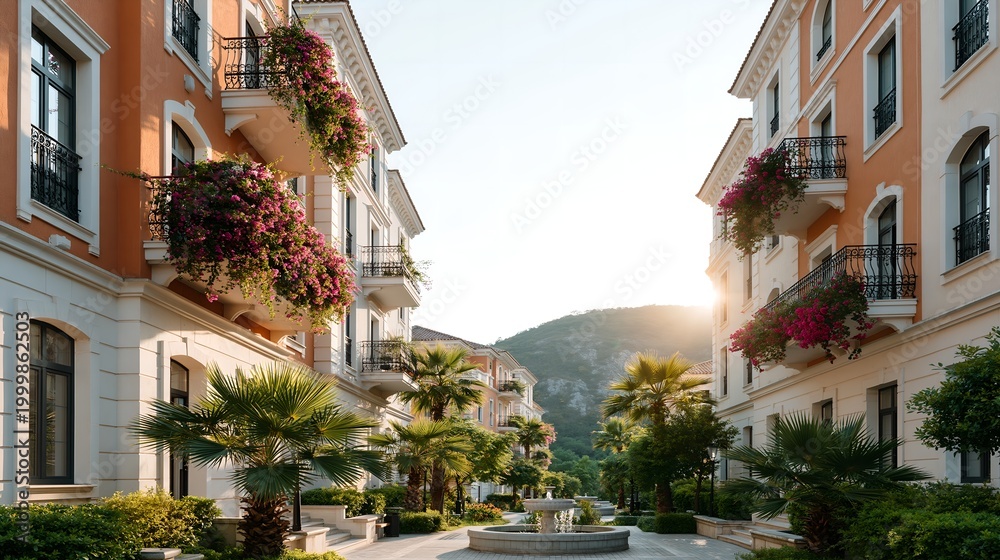 Fototapeta premium Sunlight glows behind terraced buildings with balconies. Pink flowers hang from each balcony railing