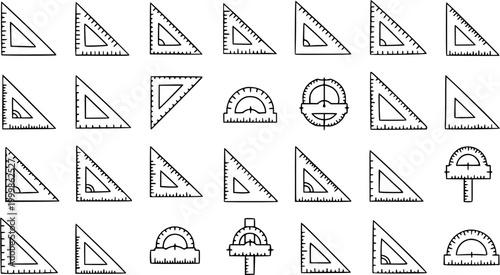 Educational Geometry and Math Tools Vector Line Art Icons Set. School Rulers, Set Squares, and Protractors for Drafting and Measurement.