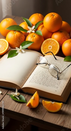 Heap of citrus fruits rests beside an open book and reading spectacles on a wooden surface