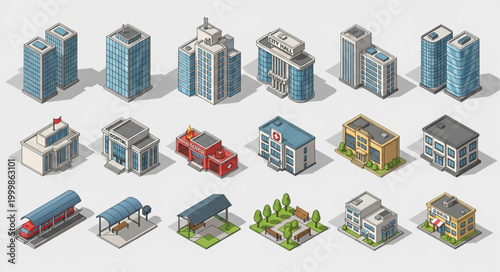 Photos Collection of isometric city buildings and structures in pixel art style
