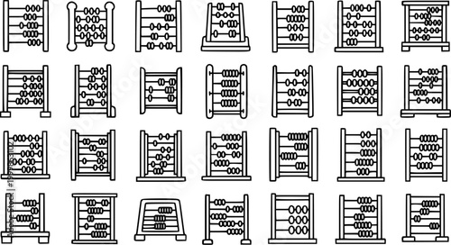 Black and White Line Art Icons of Abacus, Math and Education Symbols