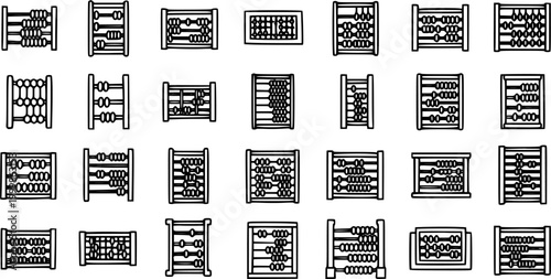 Education and Finance Abacus Icons Set. Black and White Line Art Outline Glyph Collection of Counting Frame Symbols for Math Learning, Accounting, and Business