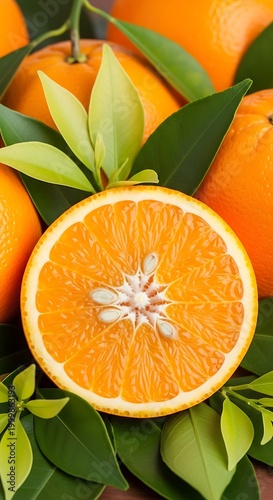 Vibrant citrus fruit slice showcases bright pulp surrounded by whole oranges and deep green foliage