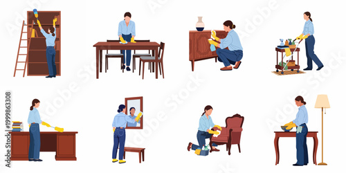 Professional Cleaning Service Character Set Showing a Woman Performing Various Domestic Chores and Furniture Maintenance Tasks