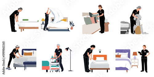 Set of professional hotel housekeepers in black uniforms performing various cleaning and bed-making tasks in luxury guest rooms, flat vector illustration.
