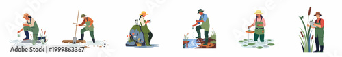 Set of illustrations depicting ecologists and biologists conducting fieldwork, sampling water and soil, and monitoring environmental conditions in wetland ecosystems.