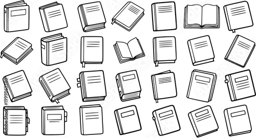 Black and White Line Art Illustration of Various Books, Educational Concept