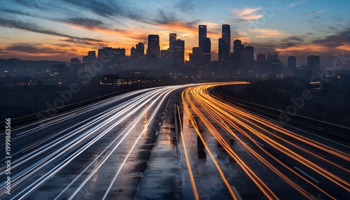 Long-exposure twilight highway with vibrant amber taillight and white headlight trails curving toward hazy city skyline. Dramatic indigo-orange sky gradient. Urban energy, speed, commuting.