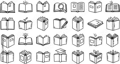 Black and white line art icons of various open and closed books for education and literature