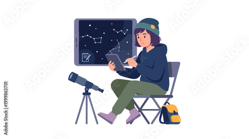 Woman Astronomer Observing Stars Using Telescope Indoors.
