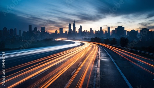 Long-exposure twilight highway with vibrant amber taillight and white headlight trails curving toward hazy city skyline. Dramatic indigo-orange sky gradient. Urban energy, speed, commuting.