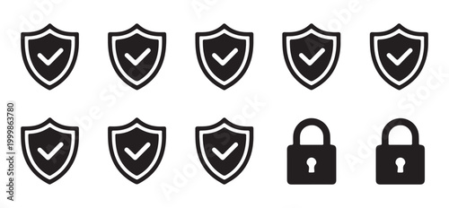 Premium black shield icons with check mark symbols and secure lock icons for website protection and safety concepts.