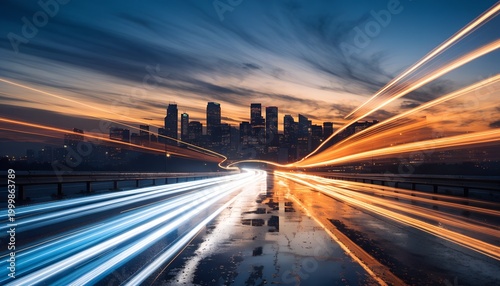 Long-exposure twilight highway with vibrant amber taillight and white headlight trails curving toward hazy city skyline. Dramatic indigo-orange sky gradient. Urban energy, speed, commuting.