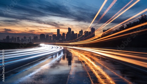 Long-exposure twilight highway with vibrant amber taillight and white headlight trails curving toward hazy city skyline. Dramatic indigo-orange sky gradient. Urban energy, speed, commuting.