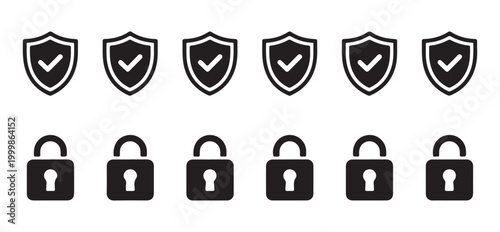 Security shield and padlock vector icons set. safety and lock symbols in simple flat styles isolated on white background.