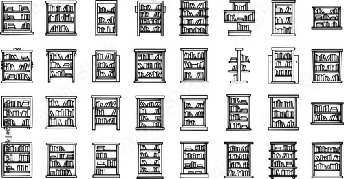 Black and White Line Art Icons of Various Bookshelf and Bookcase Styles, Vector Illustration