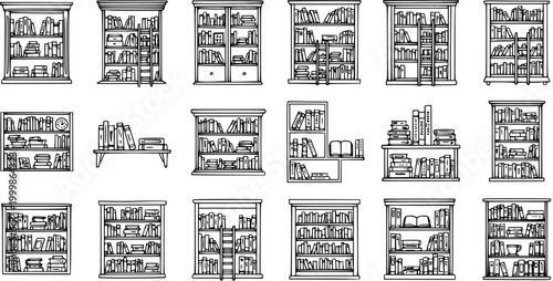 Variety of Hand Drawn Black and White Line Art Bookshelves, Book Cabinets, and Stacked Books Vector Set for Education, Library, and Home Decor