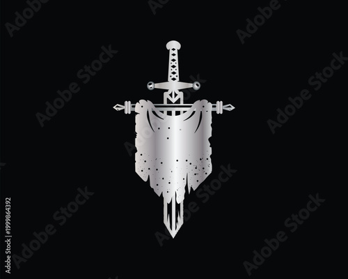 Medieval knight sword silhouette holding a tattered silver flag banner isolated on a solid black background for heraldry design.