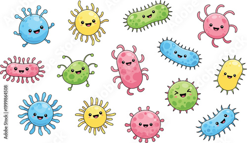 Cute Bacteria and Germ Illustration Set with Colorful Microbes for Education, Science, and Health Designs