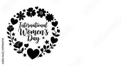 International Women Day typographic wreath with floral and heart elements.