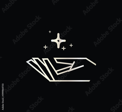 Stylized line art illustration of a hand reaching out towards a shining star symbol representing magic, hope, or inspiration.