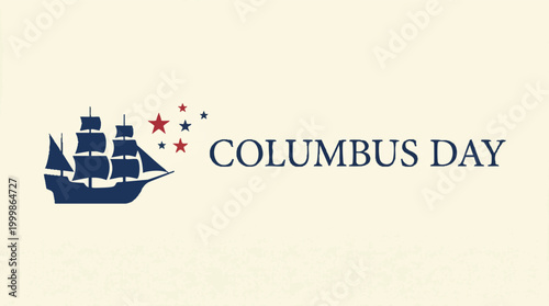 Minimalist illustration for Columbus Day featuring a navy blue sailing ship silhouette and stars on a cream background.