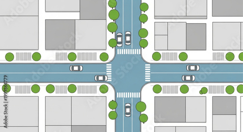 Aerial view of a city intersection with traffic and trees.