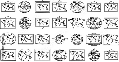 Global Geography, Travel, and Business World Map and Globe Black and White Line Art Icons Vector Collection