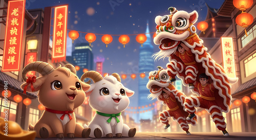 Cute cartoon goats watch a vibrant Chinese lion dance celebration at night with lanterns and traditional buildings