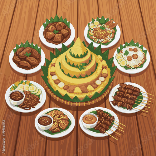 Traditional Indonesian Tumpeng yellow rice cone surrounded by various side dishes like satay, rendang, and egg on wood.