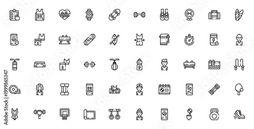 Sport Training icon set. Vector fitness symbols pack. Includes clipboard, heart rate, skateboard, weightlifting, gym bag, yoga mat, dumbbells, runner and more. Editable thin line icons.