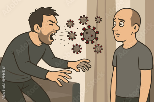 Illustration of a man yelling at another person while transmitting virus particles through respiratory droplets during an argument.