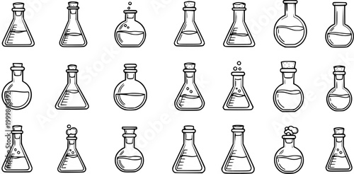 Black and White Line Art Chemistry Lab Glassware Icons, Science and Research Equipment