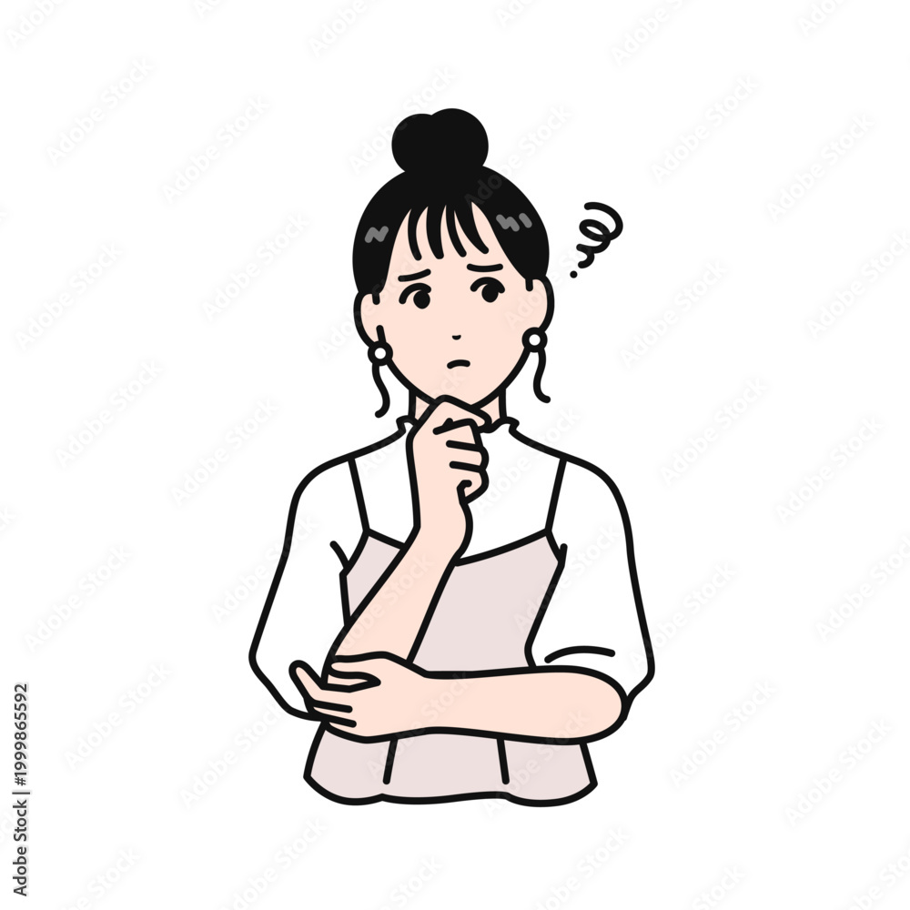 Obraz premium 思い悩むまとめ髪の若い女性のシンプルなベクターイラスト素材