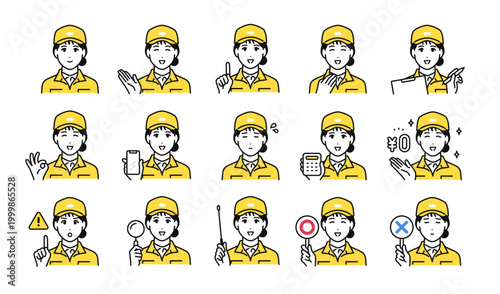 帽子 作業着 20代女性スタッフ ビジネス向け ベクターアイコンイラスト素材セット