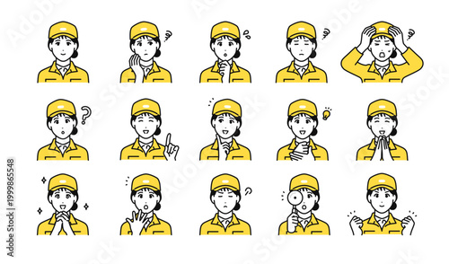 工場・製造・物流・運送・設備・メンテナンス 20代女性の作業員 ベクターアイコンイラスト素材セット