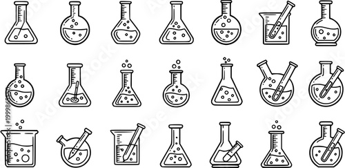 Black and White Line Art Icons of Chemistry Laboratory Glassware and Equipment