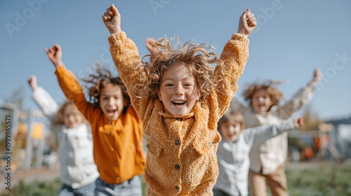 Children laugh joyfully with arms raised high. Sunlit outdoor play captures pure childhood delight