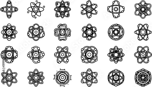 Science Atom Icon Set - Technology Research Abstract Symbols Black and White Line Art