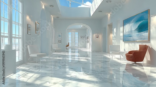 Luxurious and Bright White Hallway with Marble Floors and Ocean Wave Art