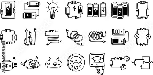 Electrical Components and Symbols Line Art Icons: Batteries, Lights, Wires, Meters