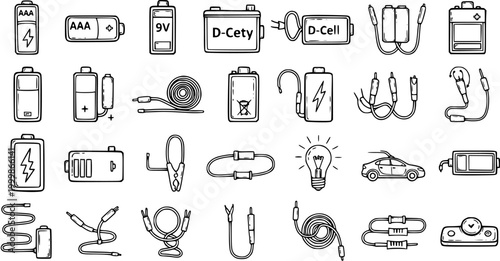 Black and White Line Art Icons of Batteries and Power Connections for Technology and Energy