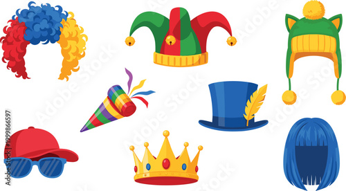 Costume accessories set with wigs, hats, crown, glasses, and party items illustrating carnival outfits, disguise elements, and playful vector illustration
