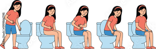 Cartoon Girl Toilet Sequence with Digestive Discomfort and Relief, Bathroom Hygiene Routine, Child Sitting with Different Expressions Vector Illustration Set
