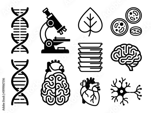 Biology and Medical Science Icon Set: Vector Illustrations of DNA, Human Brain, Heart, Microscope, and Neuron Cell Structure